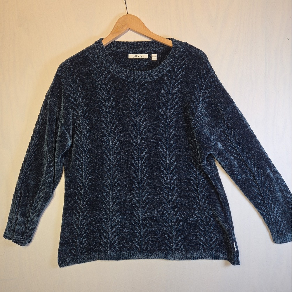 Orvis Women's XL Chenille Sweater Blue Cable Knit Crewneck Pullover Soft